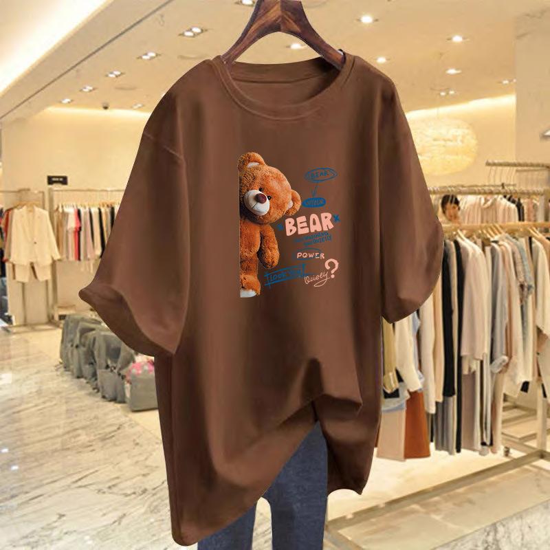 

Pure cotton cartoon bear t-shirt women s summer new white loose top t-shirt bottoming shirt short sleeve XXXL