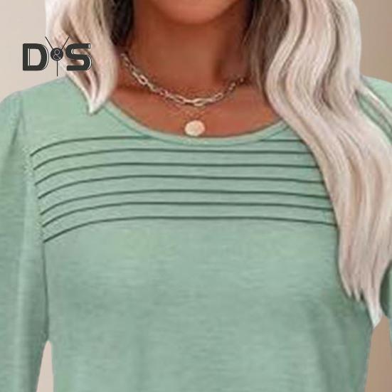 Damen-Oberteile, Rundhalsausschnitt, 3/4-Ärmel, plissierte Bluse, Frühling/Sommer, einfarbig, lockere Passform, lässiges T-Shirt für den Alltag