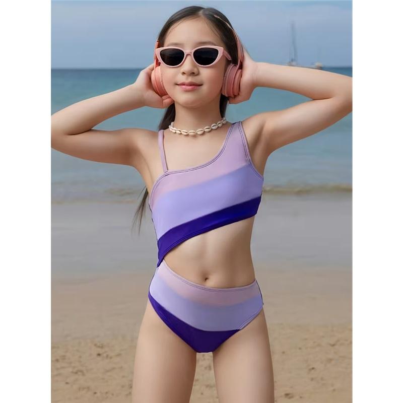RC LADY Zwemkleding Meisjes - Color Block E&eacute;n Schouder Zwemkleding Voor Kinderen Leeftijden 6-14, Stijlvolle En Comfortabele Plat Afgesneden Zwempak Voor Meisjes 160 paars