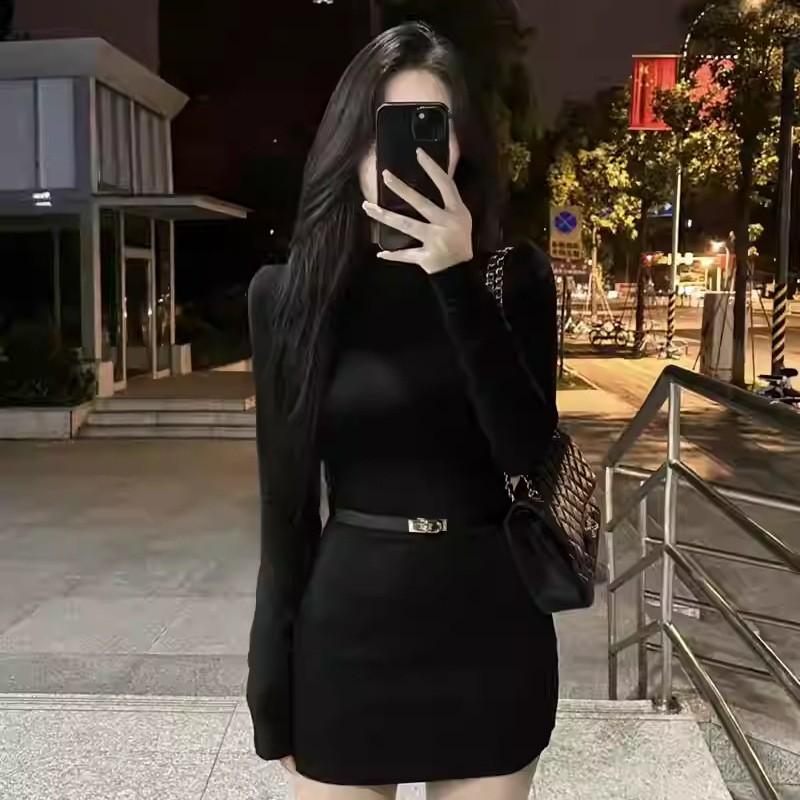 Black High Neck Long Sleeve Knit Bodycon Dress Women Slim Fit Short Mini Fall 2025