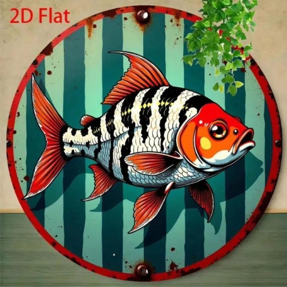 Vintage Flat Fish Metal Wall Art Green Blue Stripes Black White Trim Country Cottage Kitchen Decor