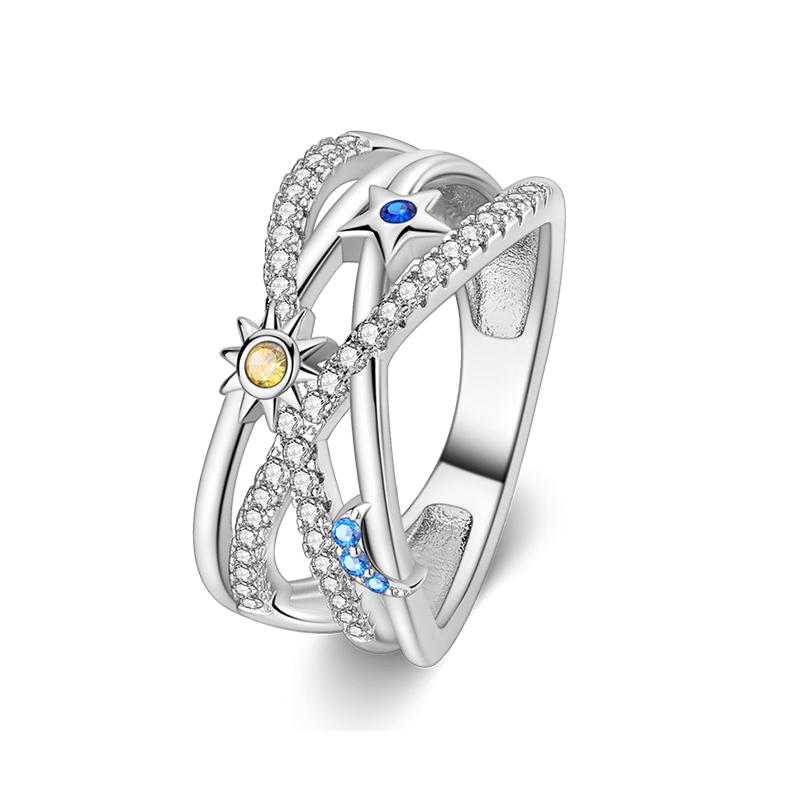 New 100% 925 Silver Fashion Sunflower Sun Moon Wide Rings Classic Heart-Shaped Crown Female Rings Elegant Party Jewelry