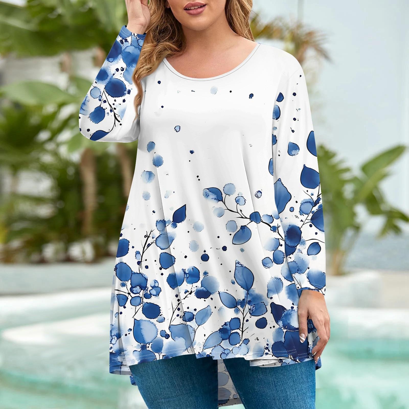 

Женская мода большого размера с круглым вырезом и длинным рукавом, повседневный свободный пуловер с принтом XXXL синий