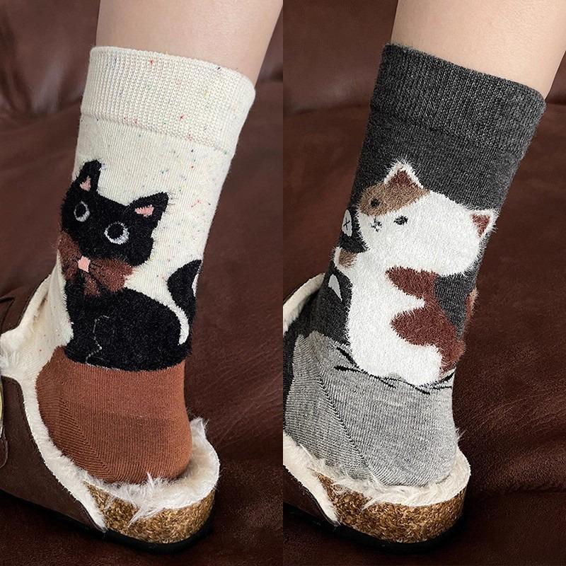 Kawaii Cartoon Cat Pattern Socks Sweat Absorption Breathable Fashion Cotton Soft Sockings Mid Tube Socks Socks for Women Girls