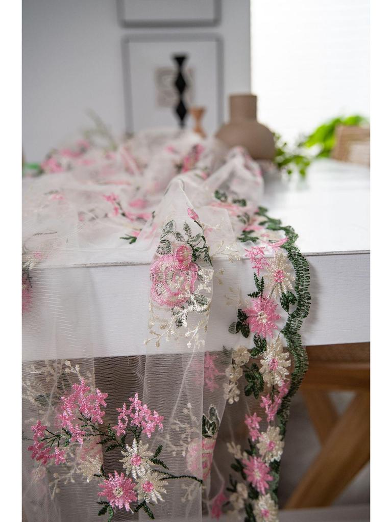 Imanqi Yun Pink Floral Embroidered Tablecloth and Cake Photography Backdrop