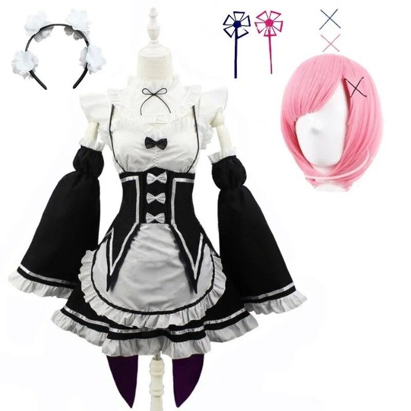 

Аніме Ram Rem Lolita Maid Cosplay Costumes Vestido Re:Zero Kara Hajimeru Isekai Seikatsu Halloween Costumes for Women Сукня Лолі XXXL-(Full set+wig)