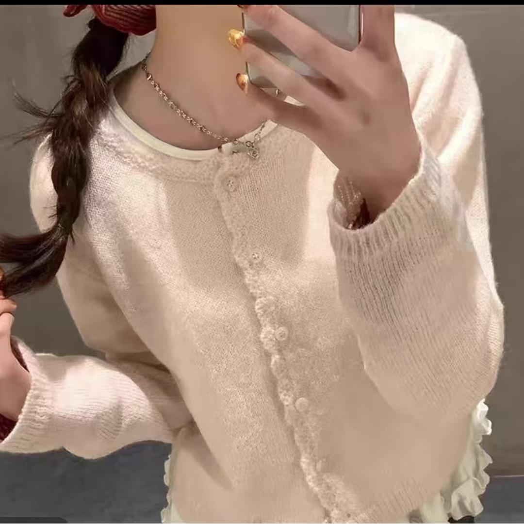 

Gentle apple green lace knitted cardigan women s thin girl spring and autumn sweet small fresh top Average size 53-91 абрикосовий