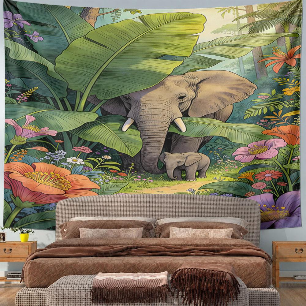 "Elephant Family in Vibrant Jungle Scene" Pattern Wall Hanging Tapestry Decorative Tapestry Home Decor for Bedroom and Living Room