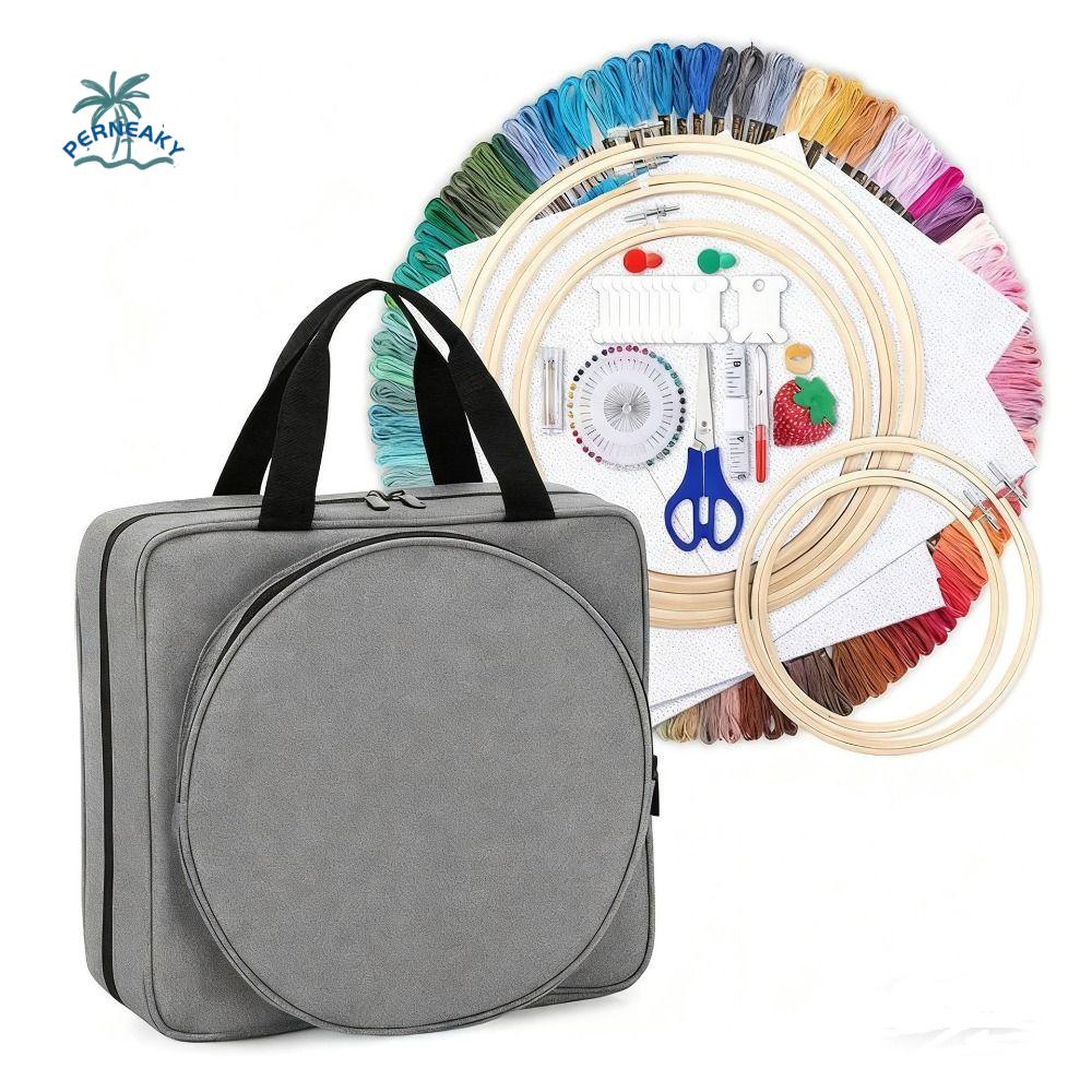 Portable Crochet Storage Bag Multiple Compartments Padded Interior Cross Stitch Thread Storage Zipper Closure Double Handles