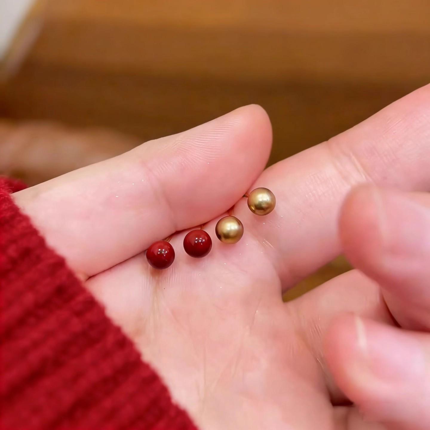 Elegant French Red Gold Beaded Earrings: Exquisite Four-Piece Stud Set