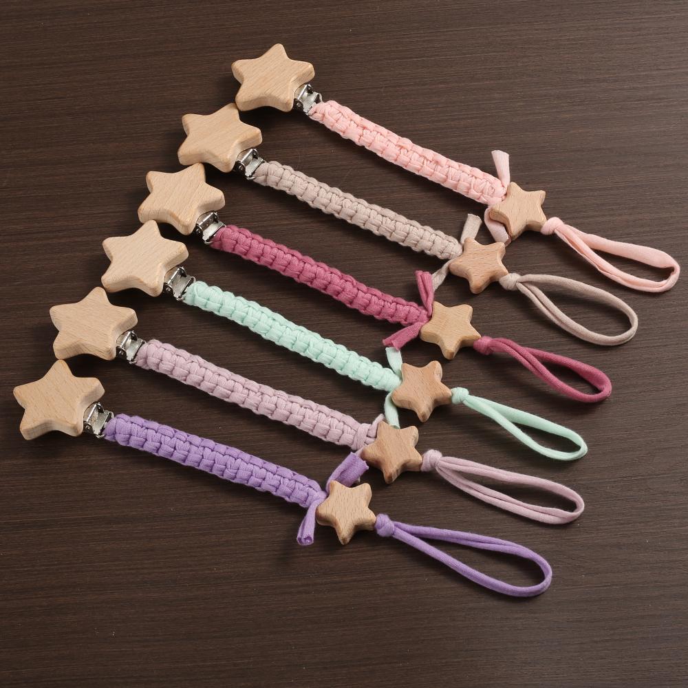 Baby Beech Wood Pentagram Pacifier Clip Handmade Woven Cotton Soother Nipple Chain For Baby Nursing Teether Chewing Toys Gift