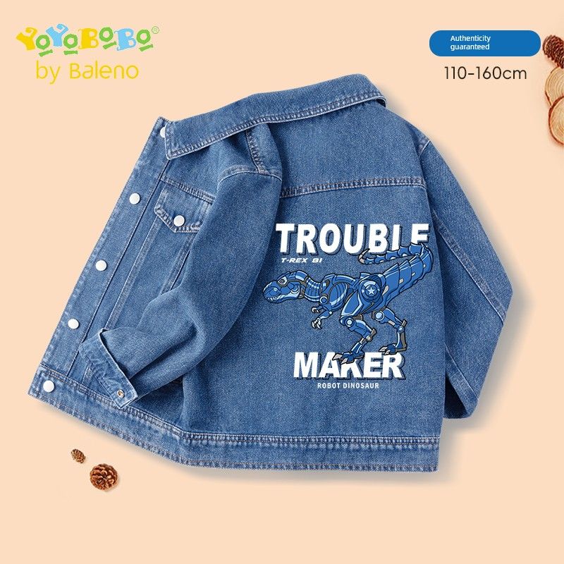Baleno Kids Ybb Series Boys  Denim Jacket 2025 New Autumn Casual Trendy Cool Jacket for Older Children Denim Blue#Yb Mecha Dinosaur 120 cm