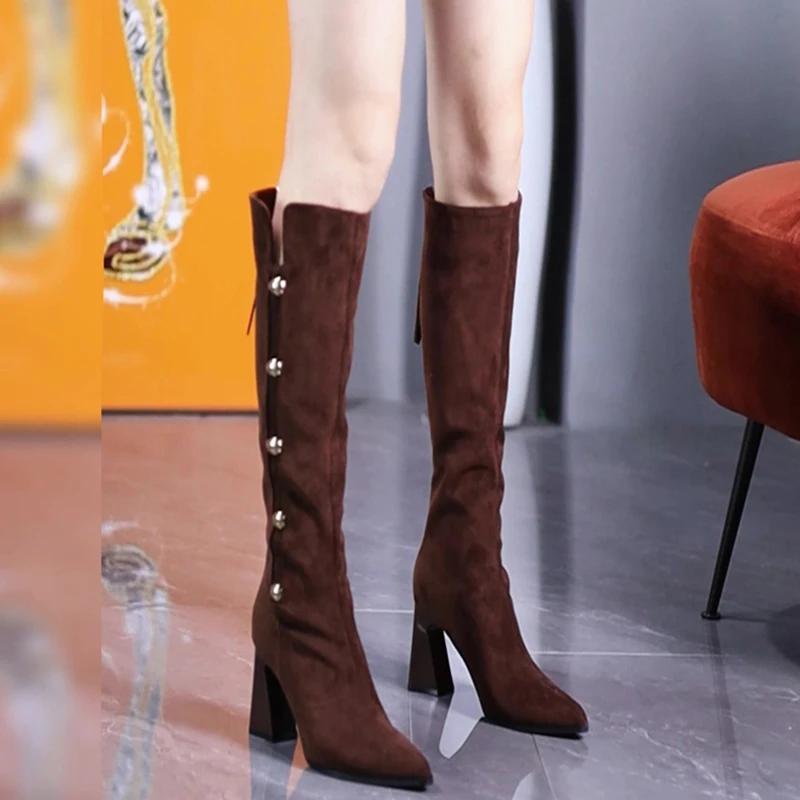 Vintage Winter Women Knee High Boots Fashion Pointed Toe High Heel Shoes Concise Long Botas De Mujer