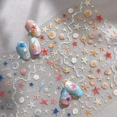 1 Stück 5D Muschel & Seestern Nail Art Aufkleber, Ozean Selbstklebende DIY Nagelaufkleber Nail Art Zubehör Für Mädchen Und Frauen, Für Heimmaniküre Und Salon