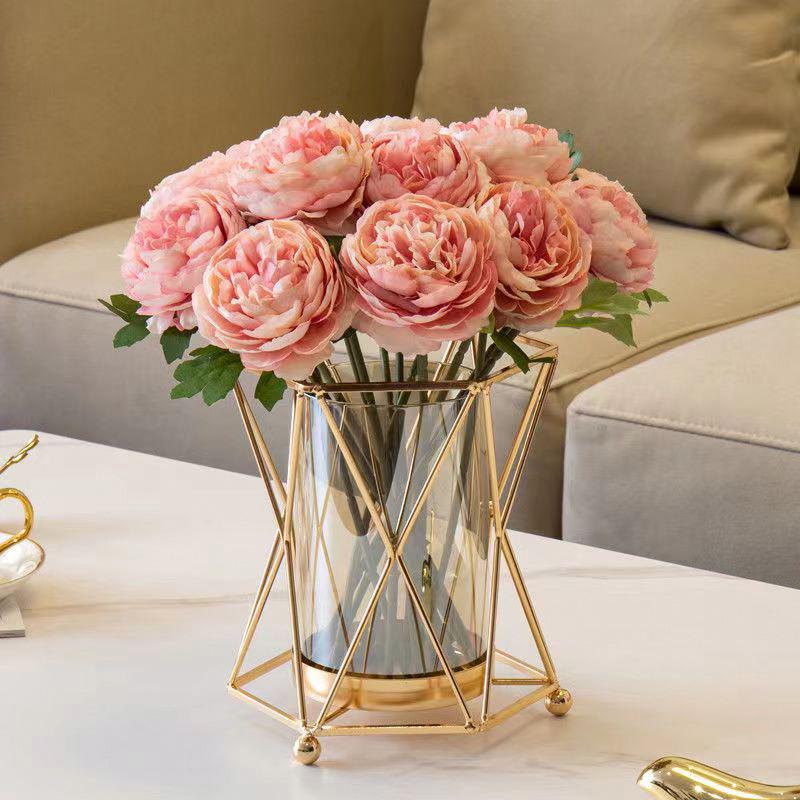 European Luxury Metal Glass Vase for Dry Flowers Nordic Living Room Table Decor