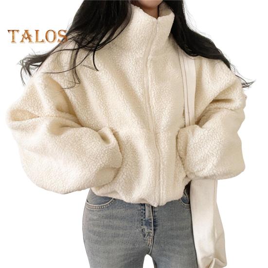 

Женское зимнее пальто из толстого флиса с воротником-стойкой, защитой шеи, застегивающимся на молнию, коротким кардиганом с длинными рукавами, защитой от холода, школьной курткой для активного отдыха M слоновая кость