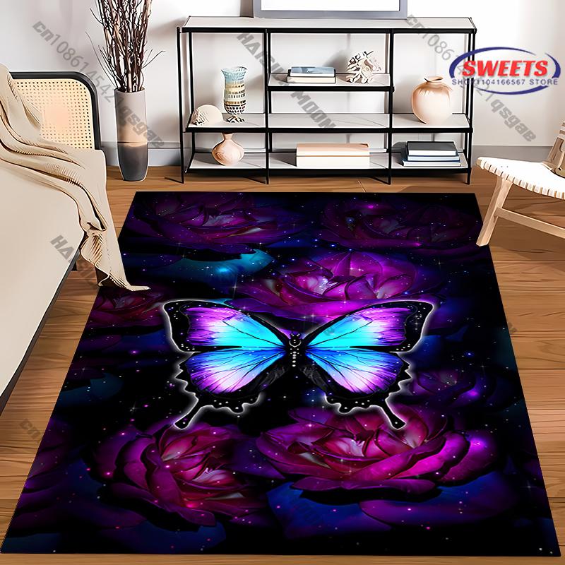 1PC Purple Butterfly Flower Print Carpet Living Rooms Bedroom, Office Areas Rug, Durable Machine Washable Mat with Fast Shipping