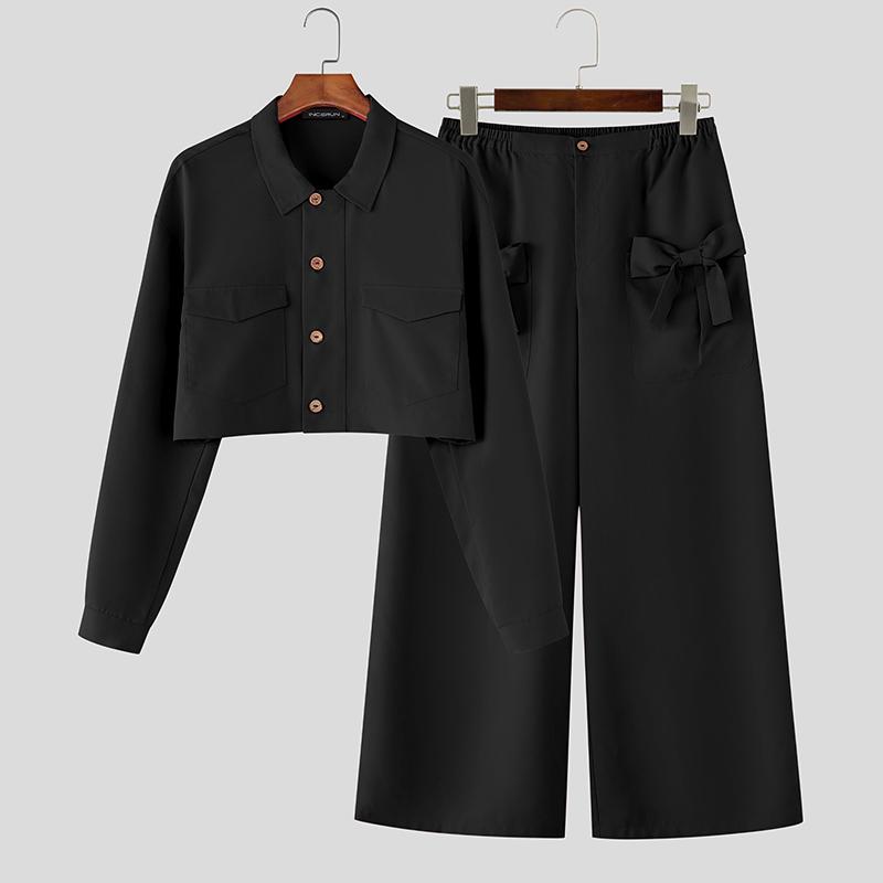 

INCERUN Комплекты из двух предметов Мужской отложной воротник Длинный рукав Укороченная рубашка Бант Длинные брюки Наряды S