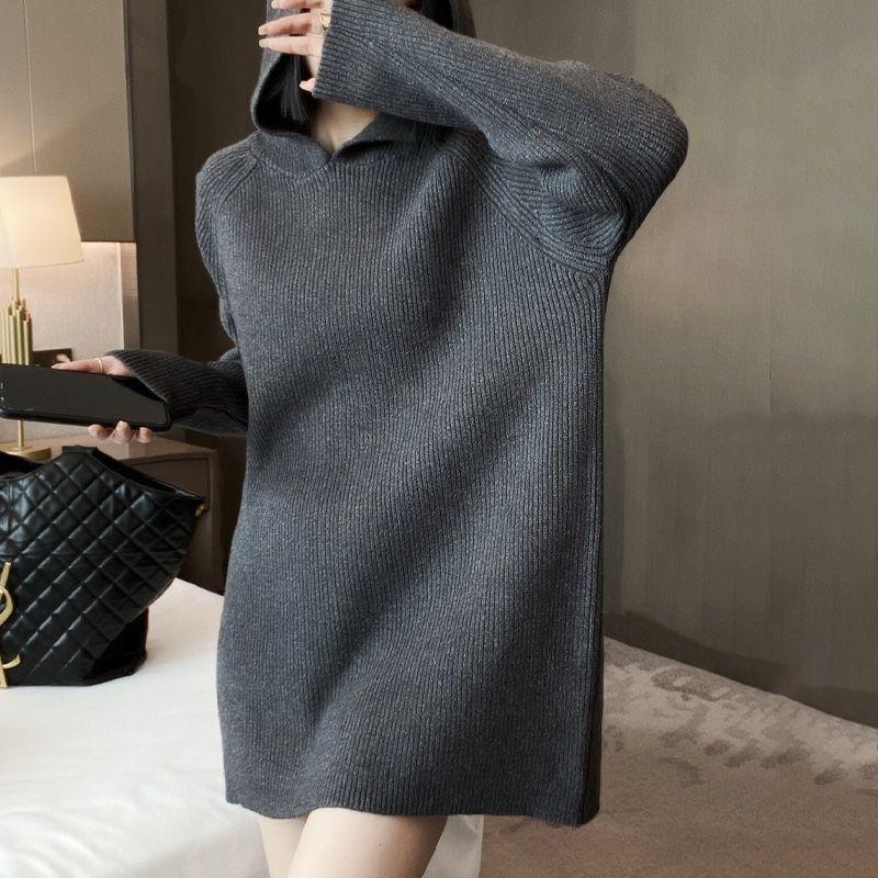 Autumn and winter lazy wind atmosphere medium and long hooded bottoming shirt loose pullover thick knitted sweater women