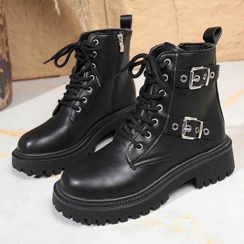 Fashion Fashion Buckle Lace Up Ankle Boots Women Autumn Winter Pu Leather Platform Boots Woman Chic Thick Sole Zipper Motorcycle Booties