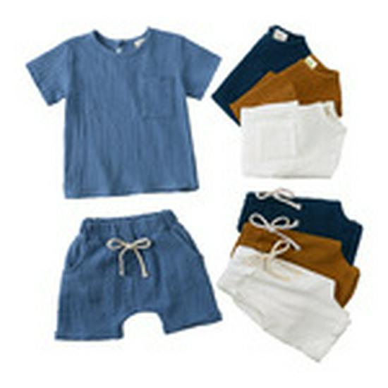 Summer Simple Cotton Linen Two-Piece Set: Breathable Short Sleeve and Shorts for Boys and Girls