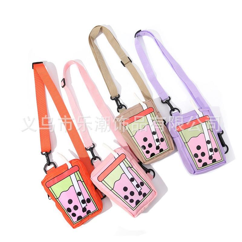 New Dopamine Style Cute Bubble Tea Pattern Creative Canvas Change Bag Crossbody Mobile Phone Bag Small Backpack