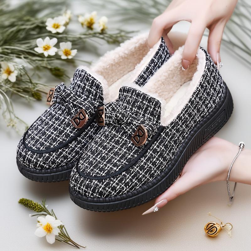 Women's Houndstooth Slip-On Moccasin-Style Shoes - Fleece-Lined Thick & Warm All-Season Comfort, Non-Slip EVA Sole, Round Toe Design with Lining