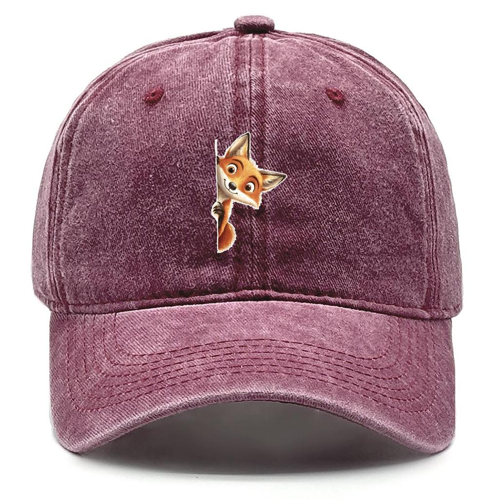 Fox Peeping Print Snapback Sun Hat, Animal Flat Cap Vintage-Inspired Sun Protective Leisure Washed Adjustable Baseball Cap
