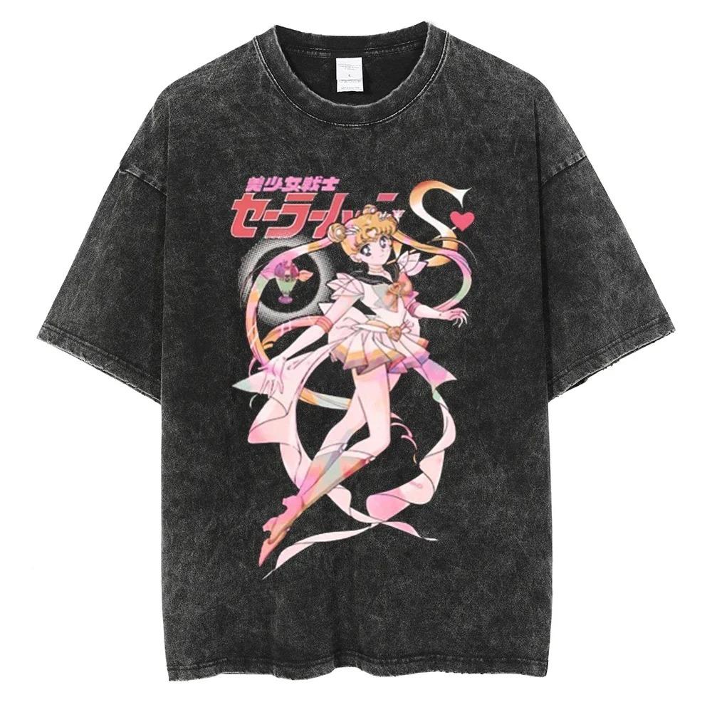 Pánské Dámské Potisk Vintage Prané Tričko Japonské Anime Streetwear Grafické Tričko Léto Krátký Rukáv Bavlněné Tričko