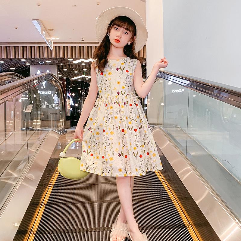 Girls Summer Cotton Dress Floral Cotton Princess Dress Belt Waist Pastoral Style Summer Travel Vacation