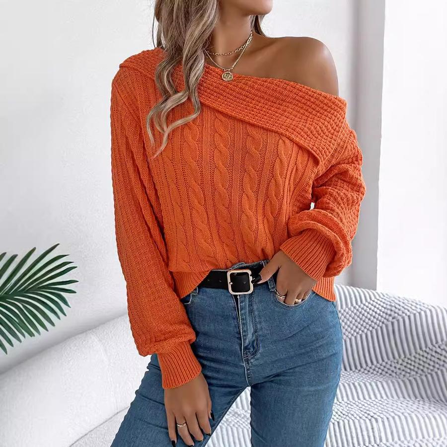 Autumn Winter Sexy Roll Neck Off-Shoulder Cable Knit Long Sleeve Pullover Sweater Women's Clothing