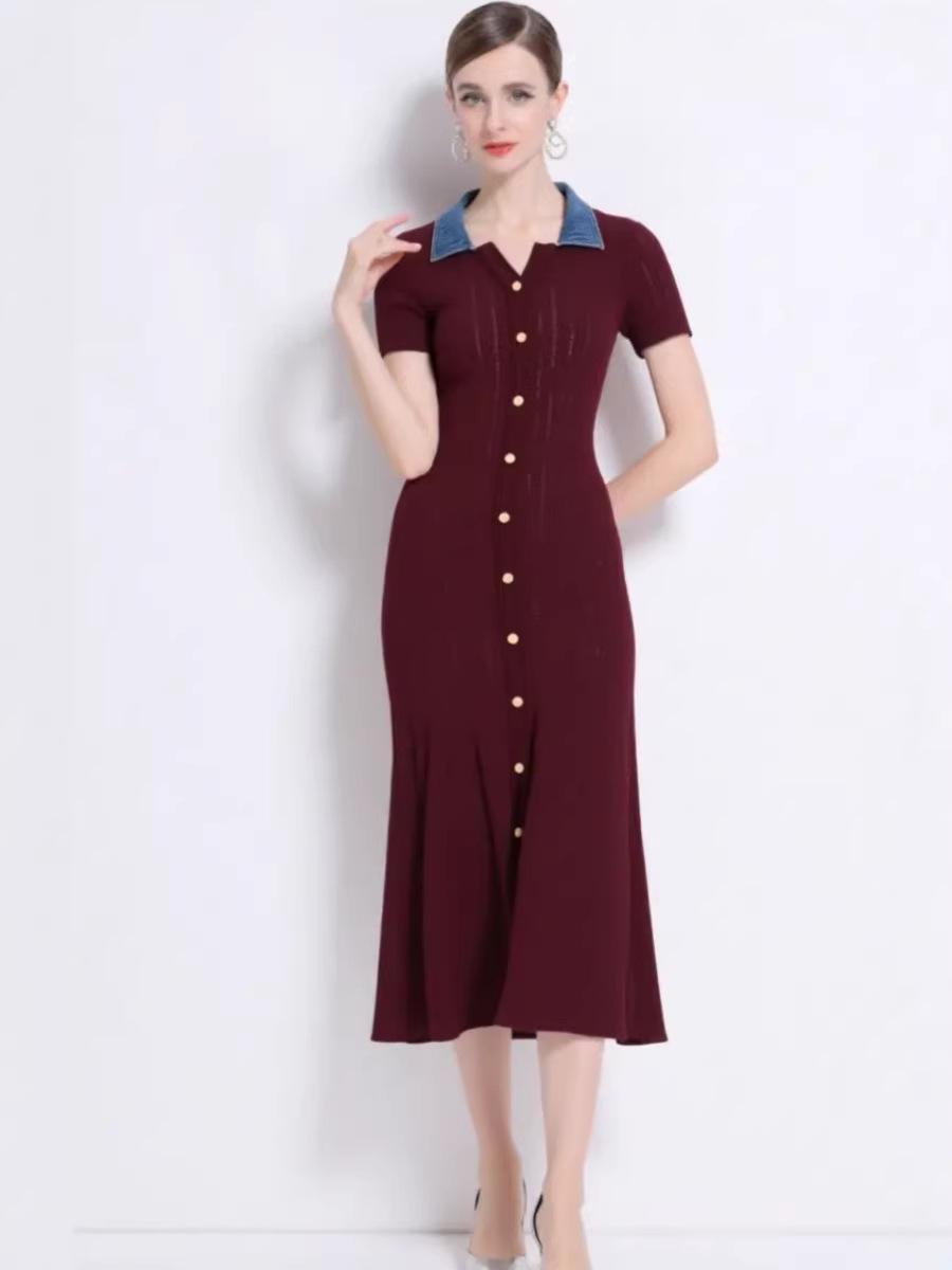 In Stock: S Brand 026 Summer French Women s Short Sleeve Elegant Knit Long Dress XL