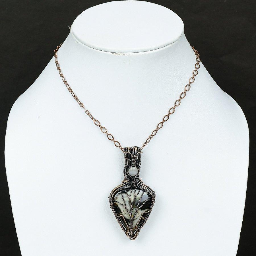 Mud Crack Fossil, Moonstone Gemstone Copper Wire Wrap Jewelry Pendant 2.76"