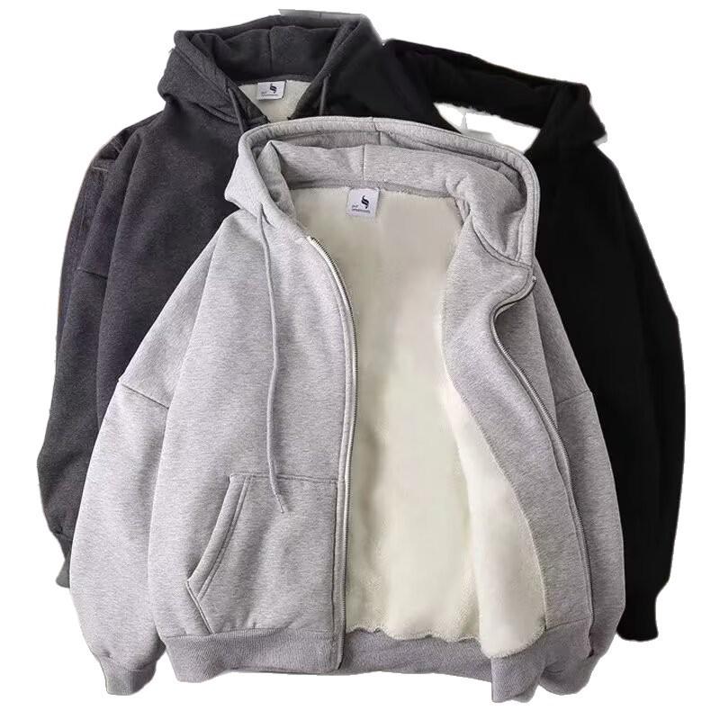 Herren Koreanischer Stil Dicke Kapuzenjacke: Lockere Passform, Mit Samt gefüttert, Reißverschluss-Kapuzenpullover für Herbst/Winter.
