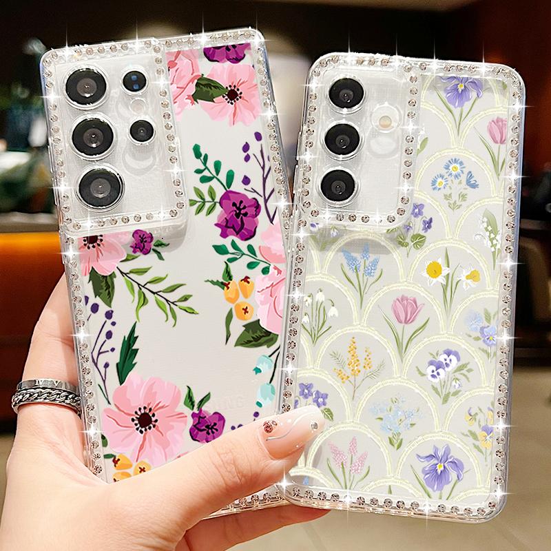 Ladybug Flowers Print Phone Case For Samsung Galaxy A55 A56 A54 A36 A15 A26 A16 S25 Edge S24 S22 Ultra S23 FE Diamond TPU Cover
