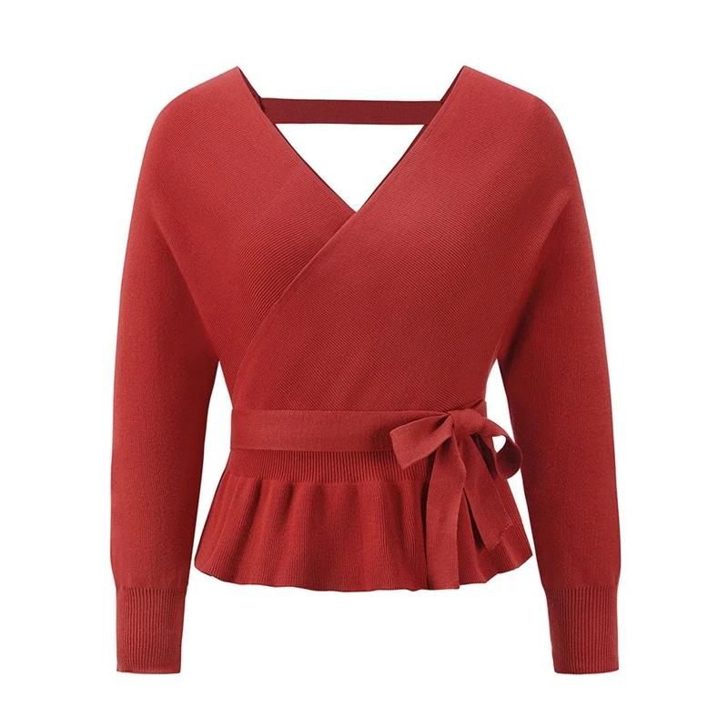 Office Lady Solid Color Tops Autumn Winter Sexy V-neck Back Strap Pullover Women Elegant Fashion Sweater Loose Clothes  28267