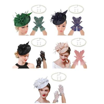 Mesh Fascinator Hat Hairhoop with Necklace Gloves for Cocktails Event Dressingup 1920s Flapper Costume Accessories