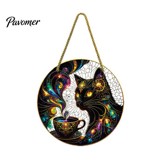 Decorative Window Sun Catcher Stained Glass Style Black Cat And Magic Coffee Cup Hanging Ornament for Wall Handcrafted Artistic Gift Decor,
