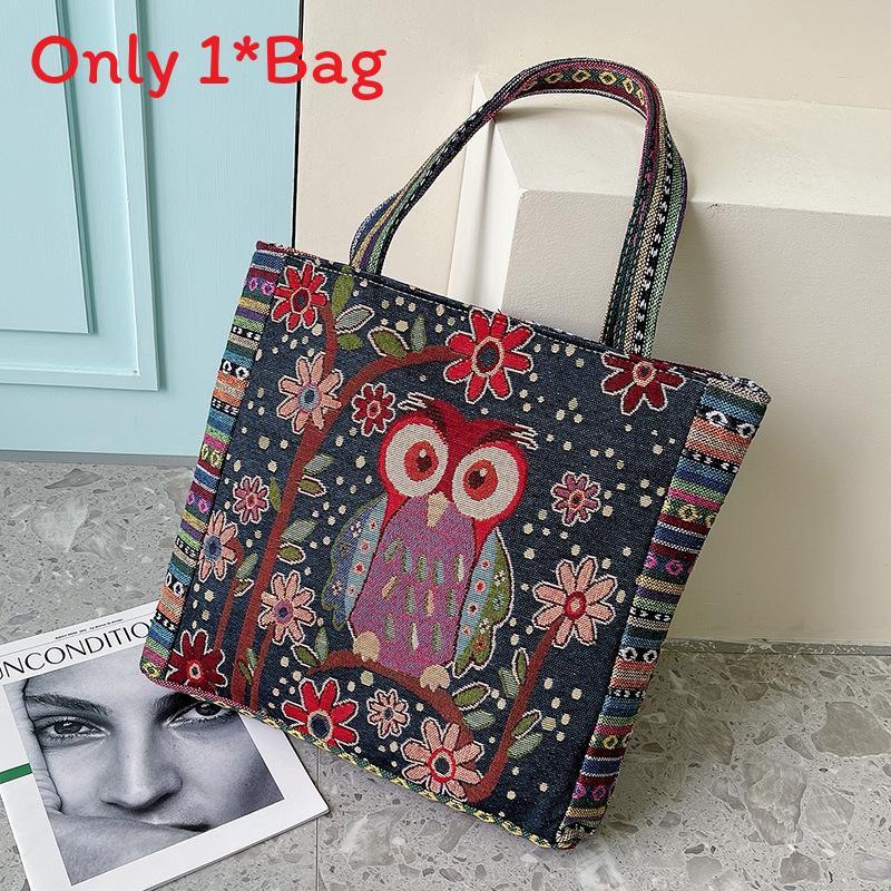 Canvas Embroidered Owl Tote Bag With Zipper Closure For Daily Use