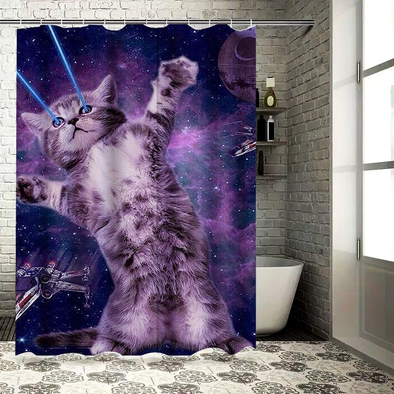 

Космический кот с лазерными глазами Водонепроницаемая шторка для душа Термостойкая Машинная стирка Непрозрачная 180X180см 90X180cm(35x70in)