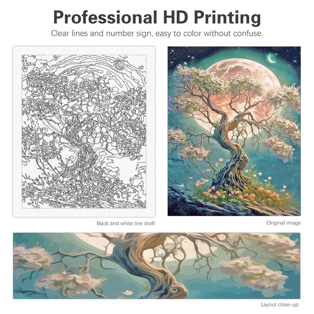 RUOPOTY Rám malování podle čísel strom a měsíc krajina DIY akrylová kresba na plátno malování podle čísel sady pro nástěnné dekorace