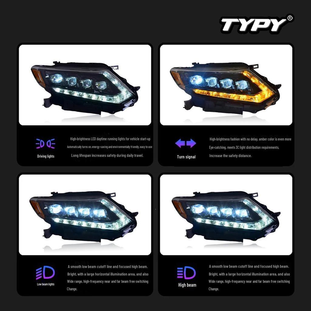 LED Headlight Assembly for 14-16 Nissan X-Trail: Crystal Lens DRLs & Flowing Turn Signals
