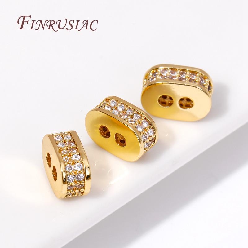 18K Gold Plated Brass With Zircon 2 Hole Oval Spacer Beads For Jewelry Making Supplies DIY Bracelets Necklaces Accessories