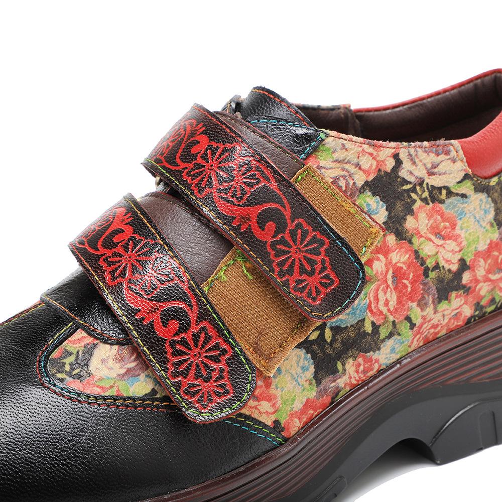Johnature Retro Women Flats Shoes Genuine Leather Patchwork Printed Round Toe Comfortable Casual Platform Shoes