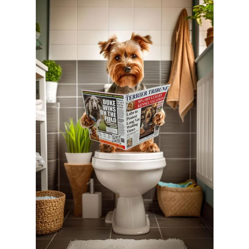 Modern Lion Dog Highland Sitting On Toilet Reading Newspaper Poster Funny Animal Print Canvas Painting Bathroom Decor Picture
