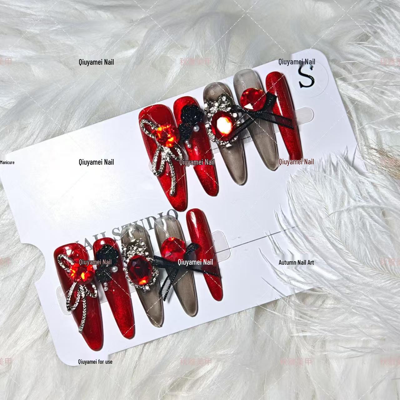 

Skinny Dog Femme Fatale Cat Eye Bow False Nails - Handmade, Wearable, Stylish New Year Design M