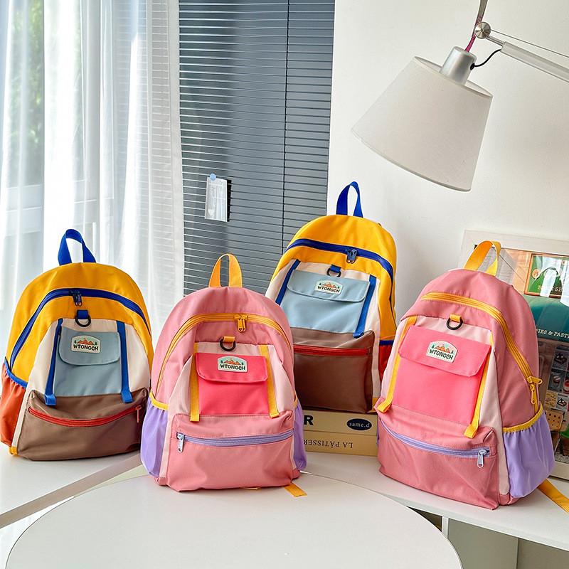 Kids Color Blocking Casual Backpack With Contrasting Stitching School Travel Use