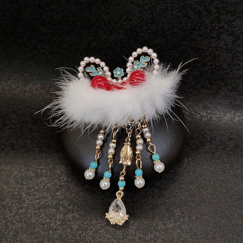 2023 New Autumn and Winter New Year Chinese Style Lion Pearl Tassels Plush Hair Clip Women Cute Hair Accessories