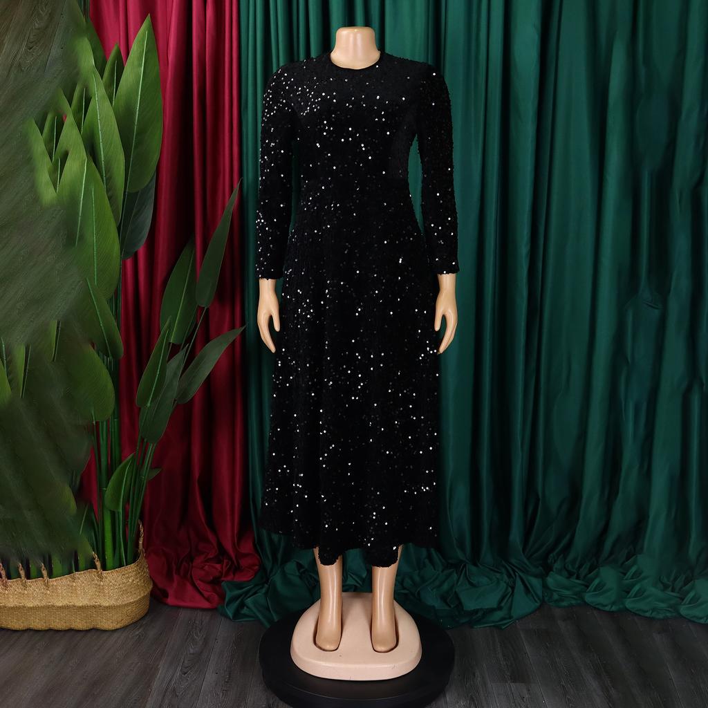 Sukienki damskie z okrągłym dekoltem, długim rękawem, jednolitym kolorem, cekinami, wysokim stanem, o średniej długości