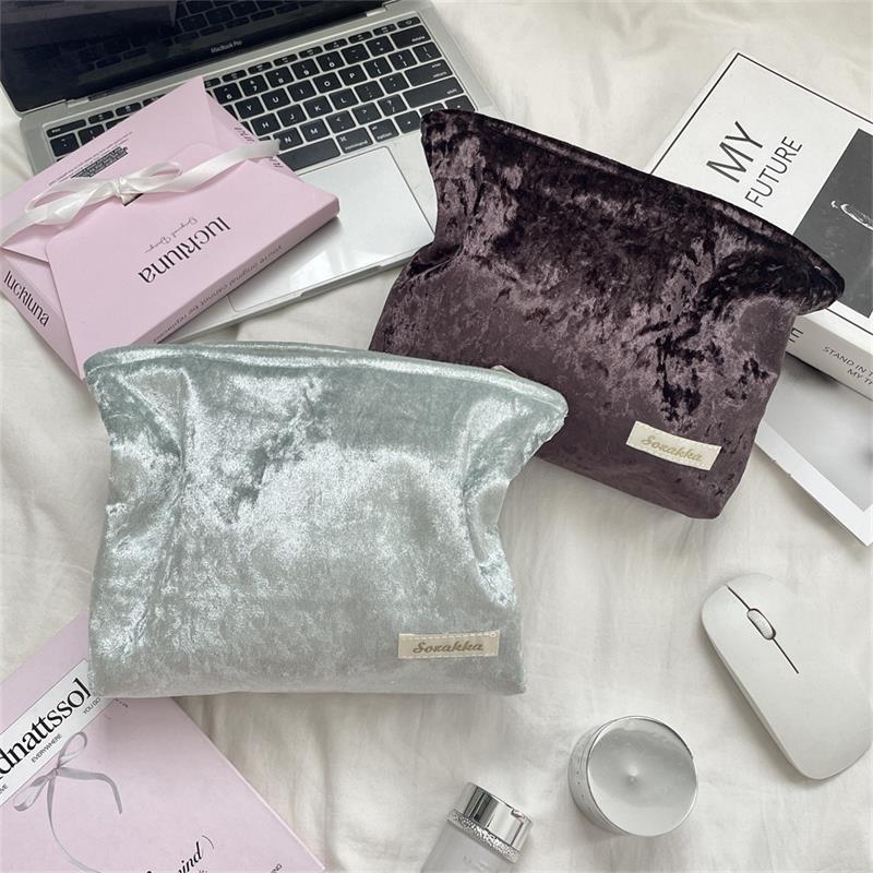 Trendy Velvet Cosmetic Bag Large Capacity Travel Suede Storage Bag Simple Women Girly Portable Clutch Toiletry Bag Gifts